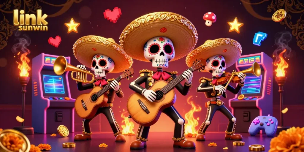 Experience thrills at link sunwin with vibrant 3D casino elements and a lively mariachi band.