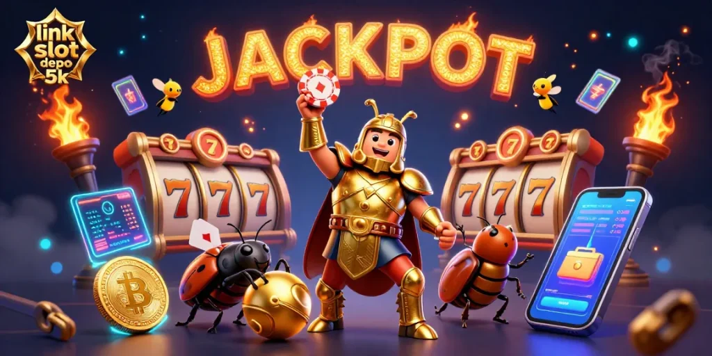Engage in thrilling wins at link slot depo 5k with a vibrant 3D casino scene featuring beetles and jackpot elements.