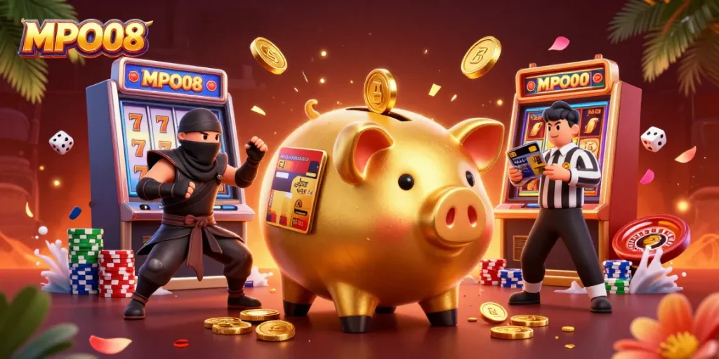 MPO08 slots thrilling dynamic illustration with golden piggy bank, wallet ninja, and samurai referee.