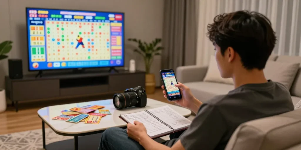 Engaging bettor checking toto macau results on mobile device in a modern living room.