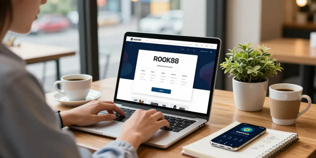 rokok88 login interface displayed on a laptop in a stylish coffee shop setting, showcasing modern design and user-friendly navigation