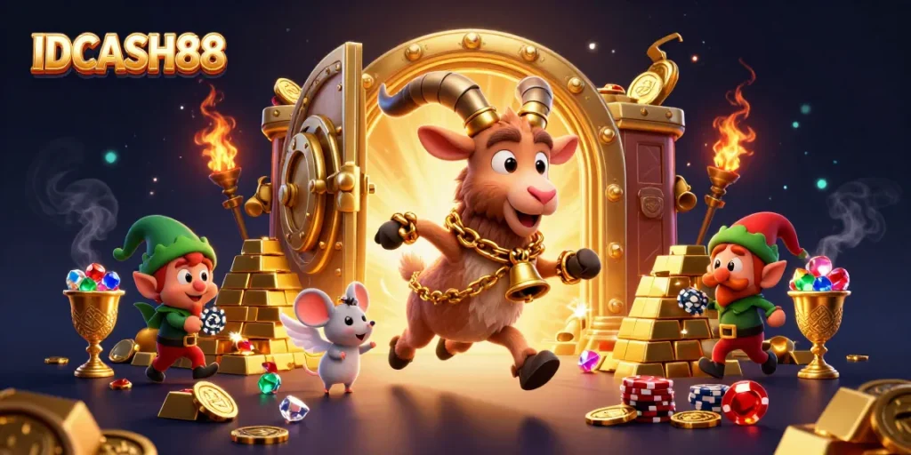Experience thrilling action at IDCASH88 with festive casino chaos featuring Krampus and a mouse.