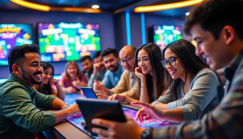 Engaged players enjoying yono rummy at a vibrant gaming table with digital screens.
