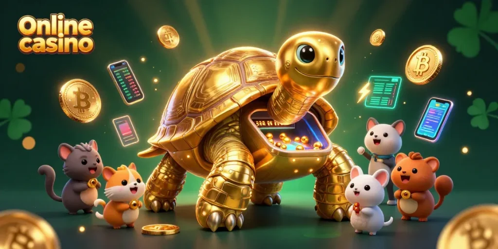Play exciting games at this vibrant online casino with a colossal tortoise pinball machine.