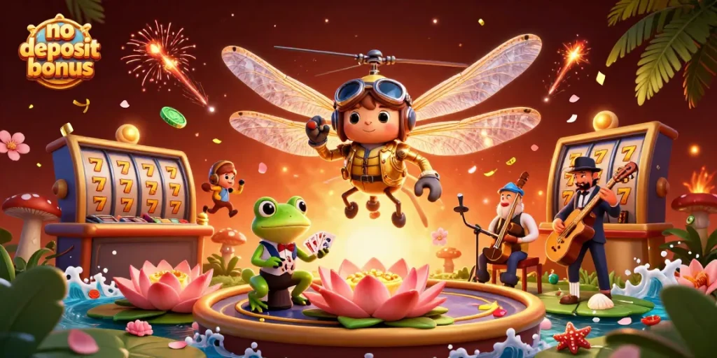 Experience the thrill of no deposit bonus slots with a lively casino scene featuring dragonfly pilot and frog dealer.