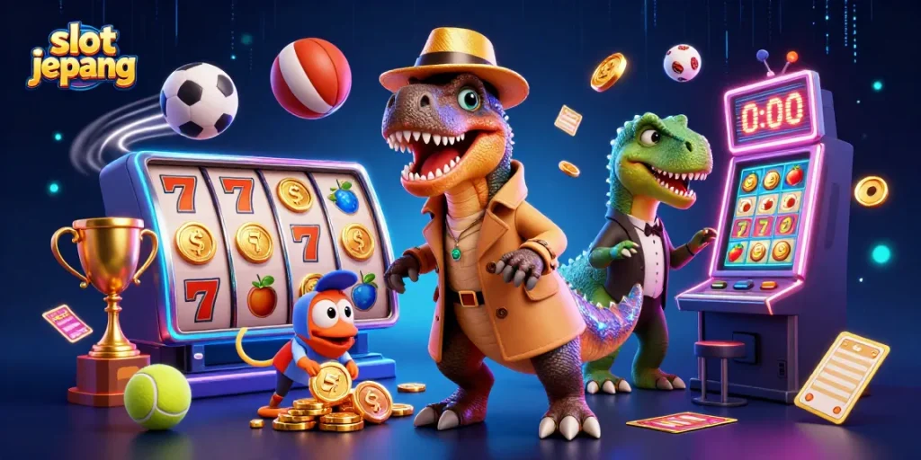 Engage with slot jepang action featuring a cartoon velociraptor at a slot machine, colorful game elements and gold coins.