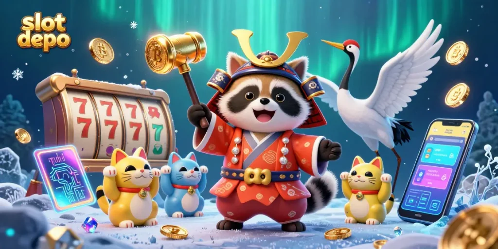 Engage with slot depo’s thrilling slot games, featuring vibrant tanuki and lucky symbols in 3D.