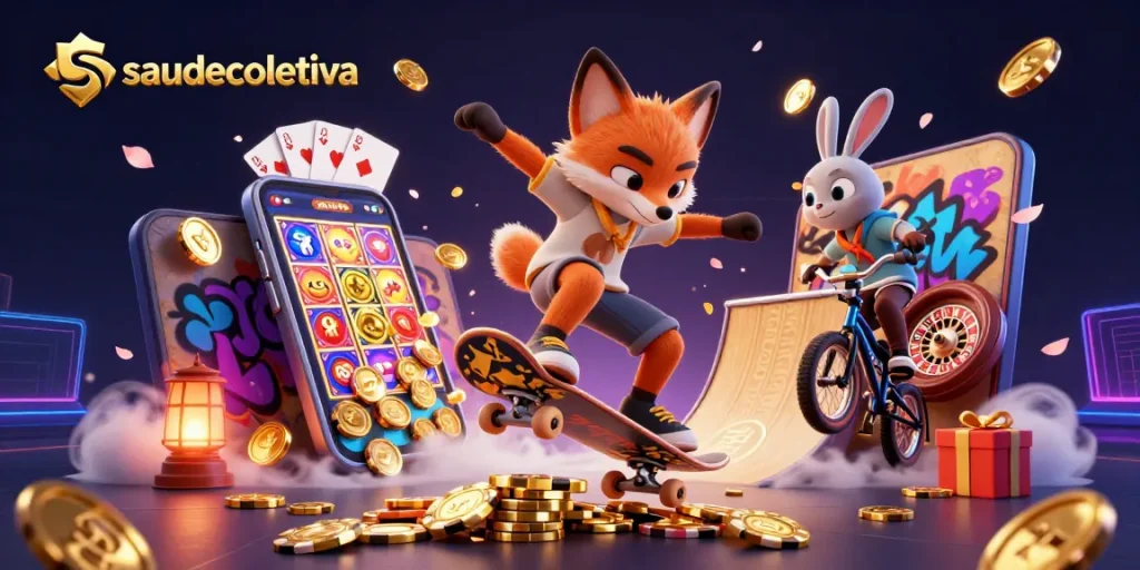 Menangkan permainan slot di saudecoletiva dengan ilustrasi karakter kartun 3D yang dinamis dan elemen kasino yang menarik.