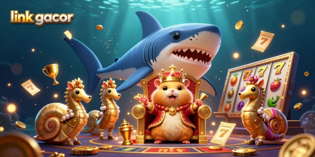 Engage with the enchanting world of link gacor, featuring a golden hamster king amid vibrant casino symbols and thrilling energy.